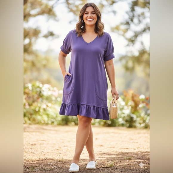 Evy’s Tree Grape Purple Mikela Ruffle Hem Pocketed Short Sleeve Knit Dress XL - Picture 1 of 10